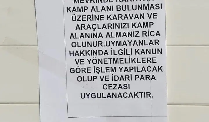 Belirlenen yerler dışında park eden karavancılara bildirim