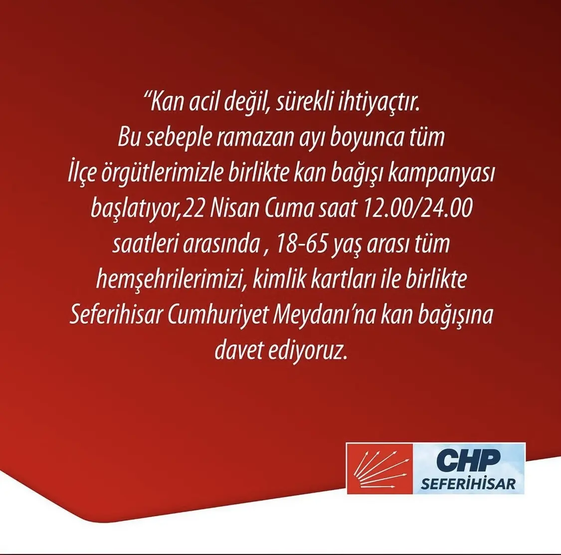 CHP Seferihisar’dan kan bağışı çağrısı