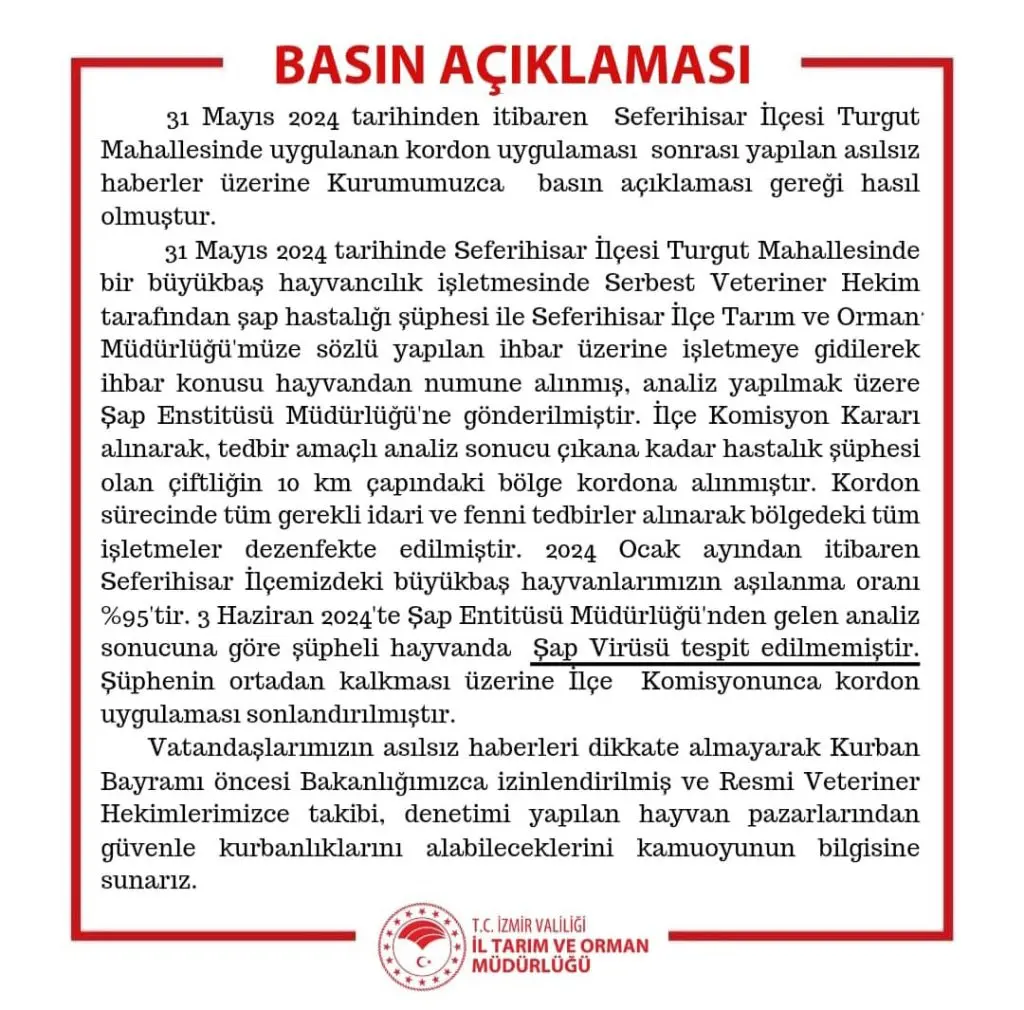 İzmir İl Tarım ve Orman Müdürlüğü duyurdu: "Seferihisar’da Şap Virüsü tespit edilmedi”